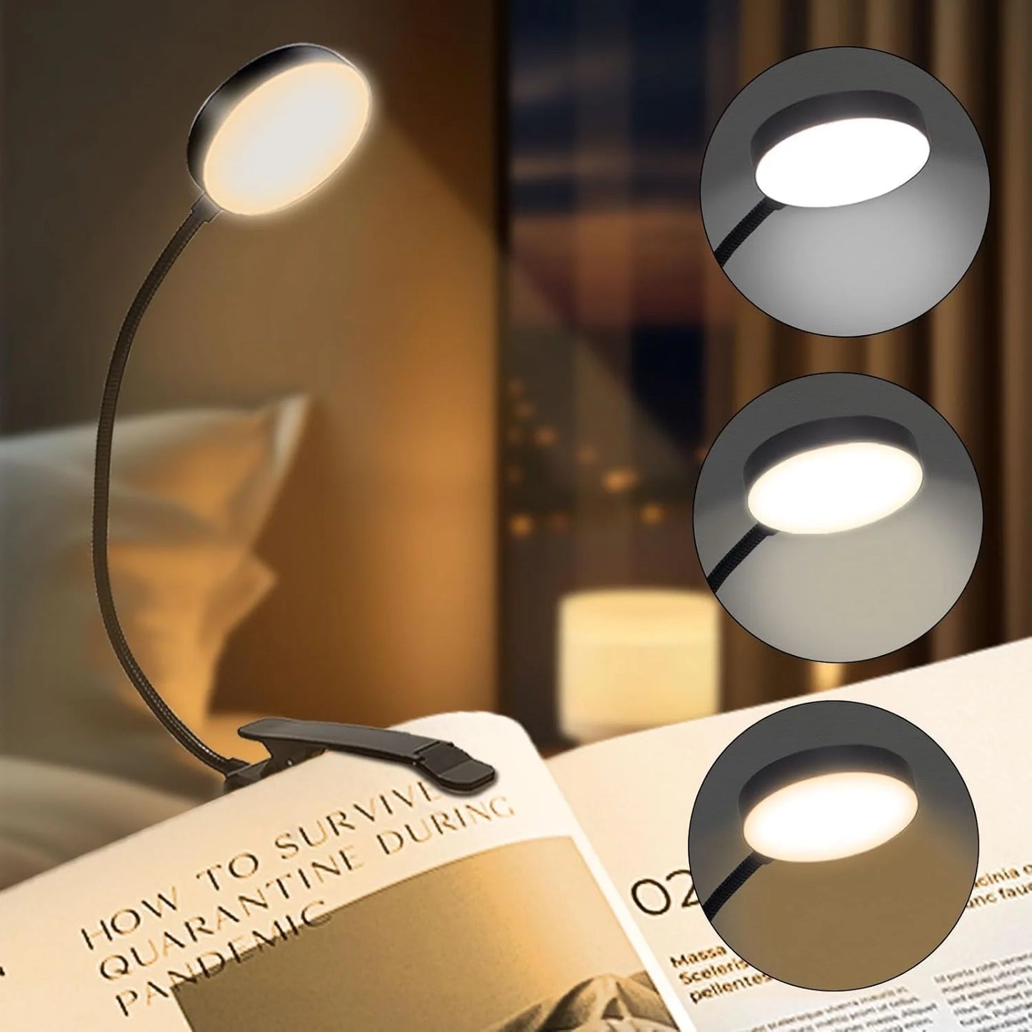 Gritin LED Leselampe 14 LEDs – USB aufladbar, Warm-/Kaltlicht & Tageslichtmodus, Flexibel & leicht anzubringen, Perfekt für Bücher & Nachttisch