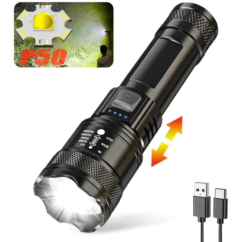 Ultra Helle P70 LED Taschenlampe – 5000 Lumen, Taktische Lampe mit Zoom, Eingebautem 18650 Akku, Perfekt für Notfälle und Outdoor