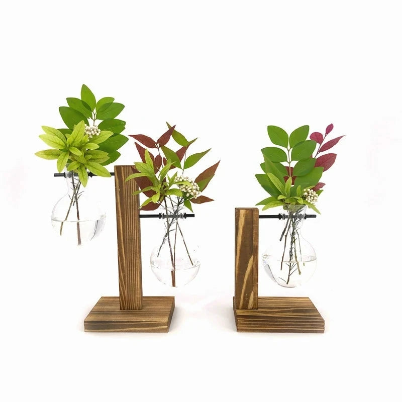 Tischdekoration Glasvase mit Holzrahmen für Terrarium Hydrokulturpflanzen - Vintage-Flumentopf für Zuhause und Bonsai-Dekor
