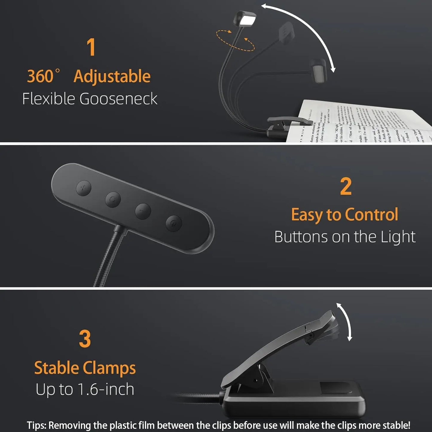 Gritin LED Leselampe 14 LEDs – USB aufladbar, Warm-/Kaltlicht & Tageslichtmodus, Flexibel & leicht anzubringen, Perfekt für Bücher & Nachttisch