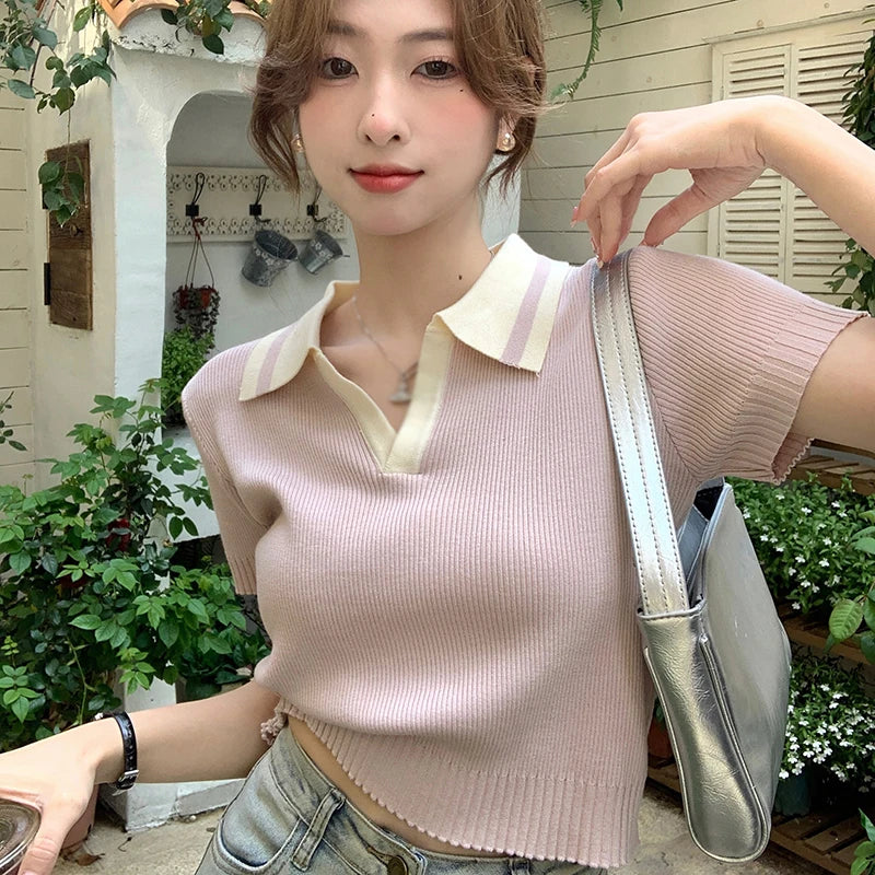 Frühlings- und Sommermode für Damen – Vielseitiges T-Shirt mit Turndown-Kragen, Kurzärmlig, Kontrastfarben, Lässig, All-Match Innenbekleidung