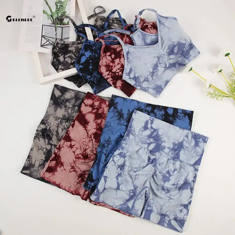 Tie-Dye Yoga Set für Damen – Nahtloses Sport-Outfit mit Radlerhose und Sport-BH, ideal für Yoga, Radfahren und Fitnessstudio – Elastisches, stilvolles Trainingsoutfit in trendigem Farbverlauf-Design