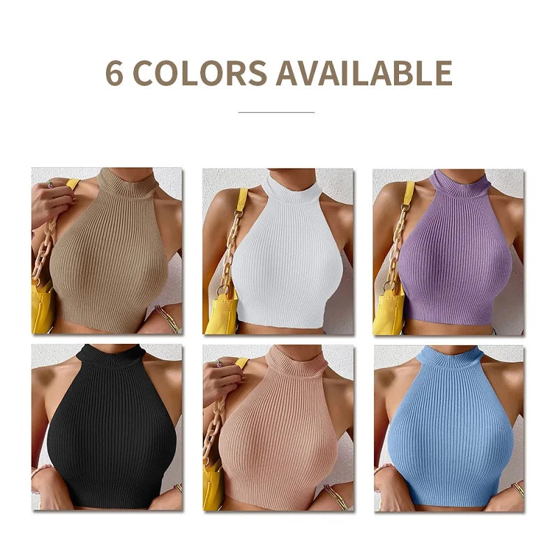 Strick-Haltertops für Frauen – Ärmelloses, enganliegendes Crop-Top im Basic-Stil, mit Slim Fit und hochgeschlossenem Rollkragen. Y2K-inspirierte, gerippte Weste für vielseitige Outfits