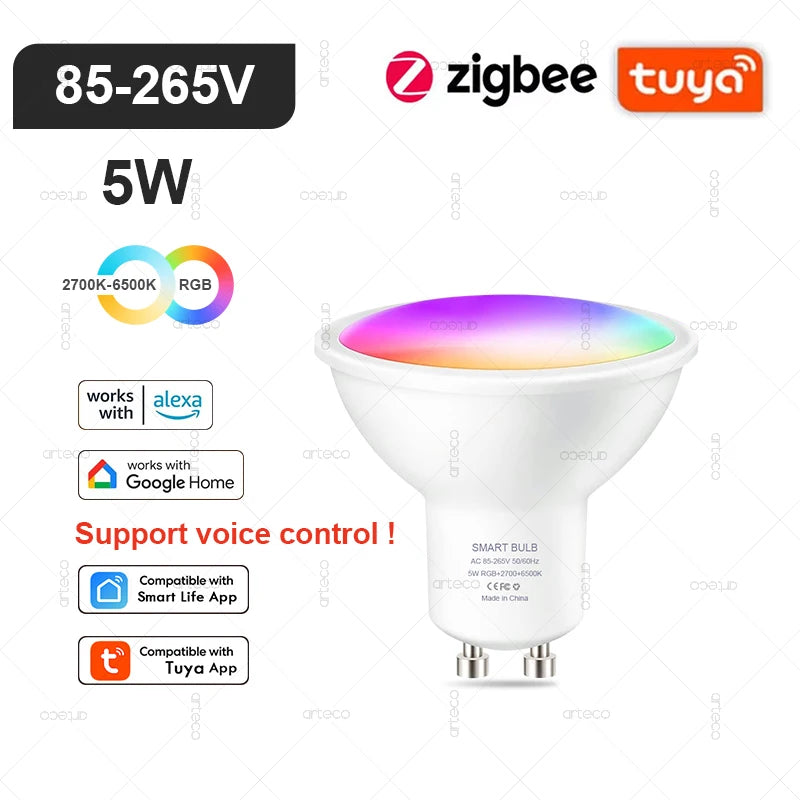 Tuya Smart LED-Lampe – E27/E14/GU10, WiFi & Zigbee, Dimmbar, 2700–6500K RGB, Kompatibel mit Alexa & Google Home