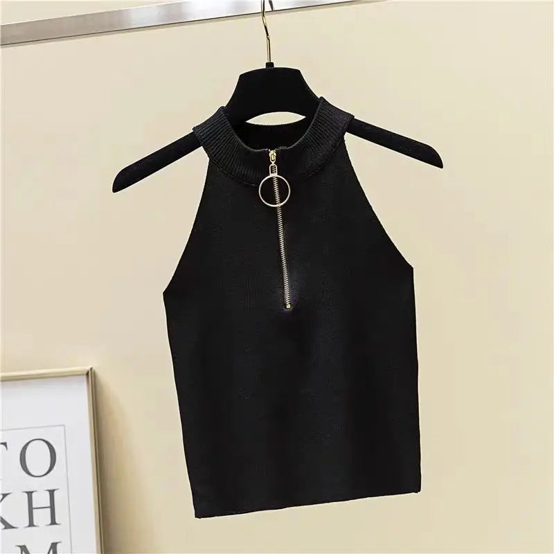 Damen Crop Top mit Reißverschluss – Retro Strick-Leibchen für den Sommer