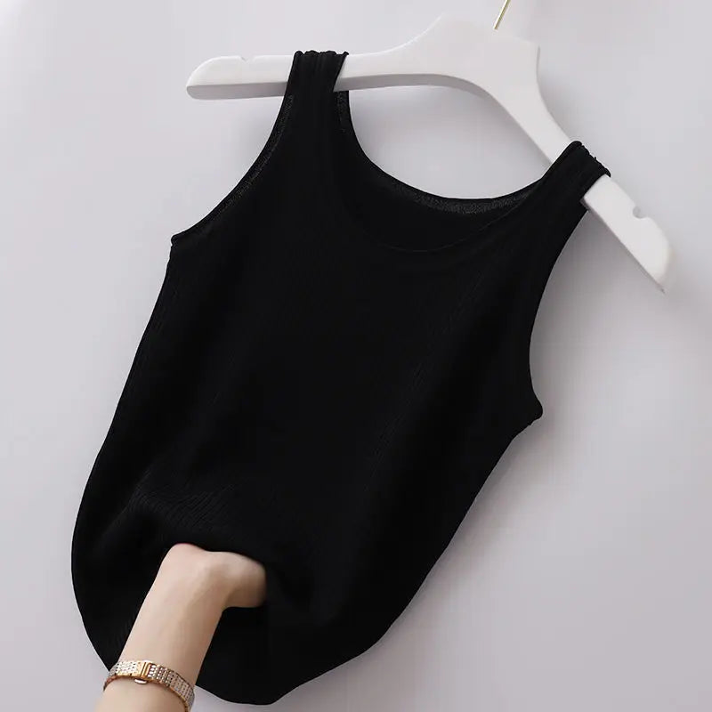 Einfarbiges Damen Tank Top: Sommerliche Strickweste mit O-Ausschnitt – Ärmellos, in schwarz, weiß oder blau
