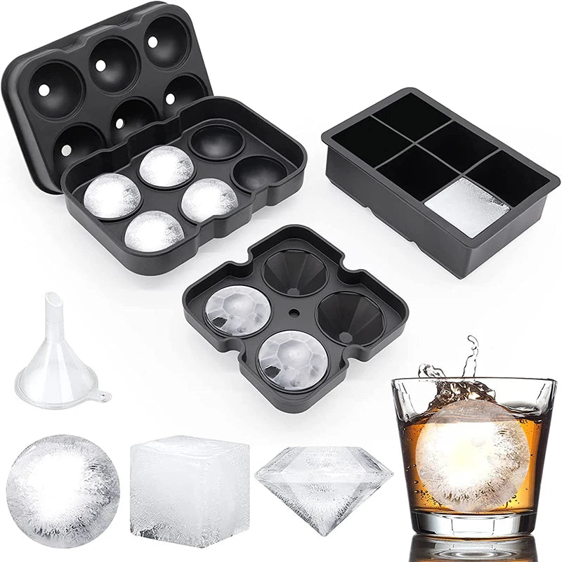 Extra Große Silikon-Eiswürfelschalen mit Deckel – Wiederverwendbare Eiswürfelformen für den Gefrierschrank, inklusive Formen für Whisky-Eiswürfel, Diamant-Eiswürfel und runde Kugeln,