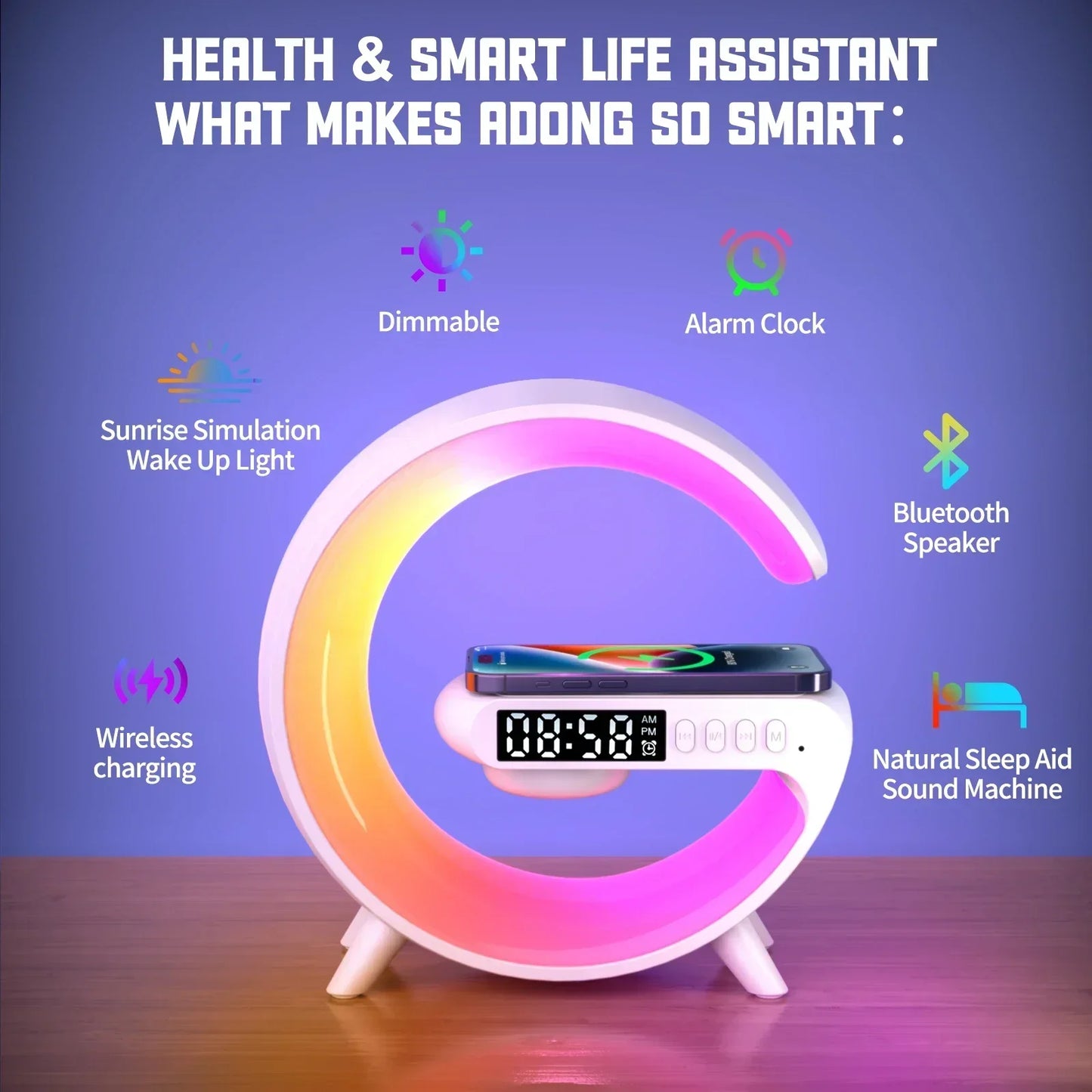 3-in-1 Kabellose Schnellladestation mit RGB-Licht, Bluetooth-Lautsprecher und Alarmfunktion – Perfekt für iPhone, Samsung, Xiaomi und Mehr