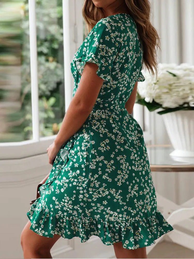 Boho V-Ausschnitt Kleid für Damen – Blumenmuster, Rüschen, Kurzarm, A-Linie, Chiffon Mini Strandkleid