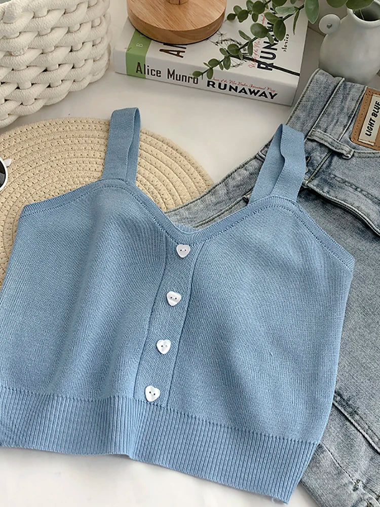 Niedliche Gestrickte Weiche Strand Outwear Tanktops für Frauen - Crop Tops mit Knöpfen für den Sommer