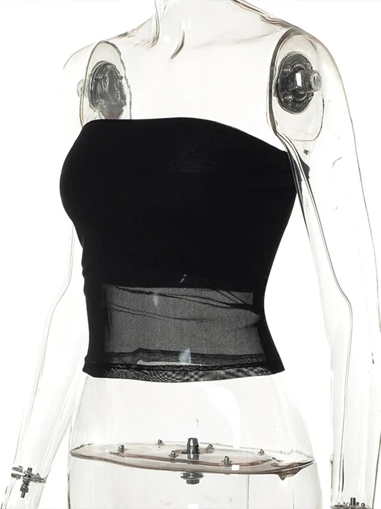 Frauen Crop Top aus Mesh – Schwarzes Corset mit Patchwork-Design, Strapless, Off-Shoulder und Slim Fit für Sommer und Streetwear