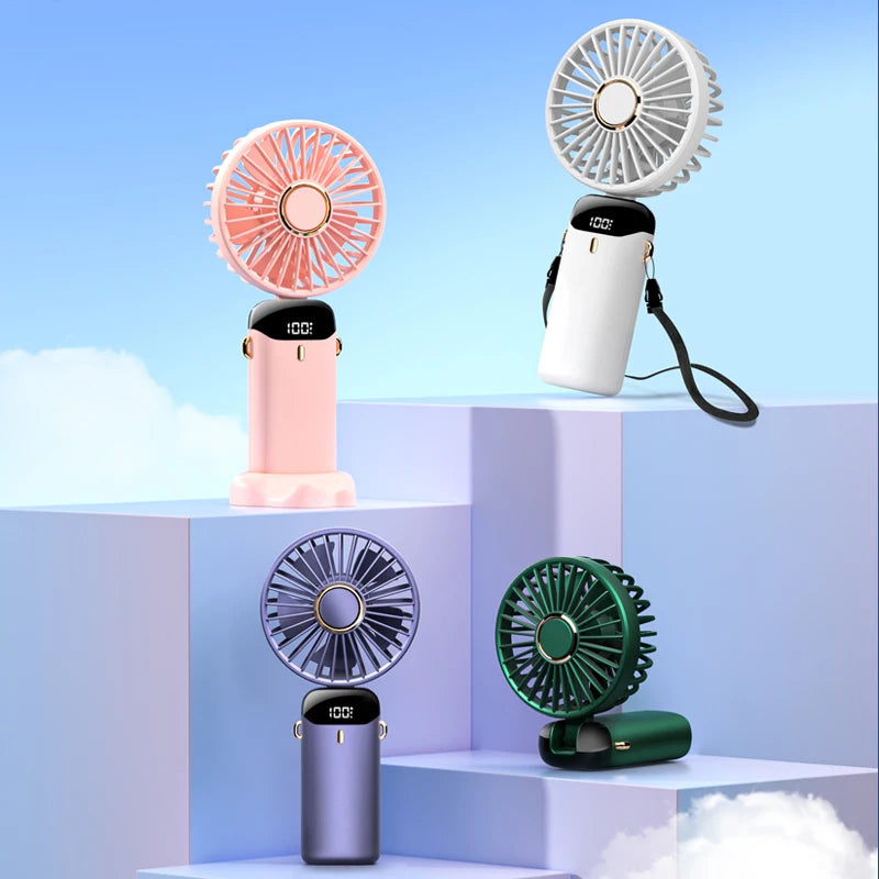 Faltbarer Mini-Handventilator mit USB-Aufladung – Tragbarer 5-Geschwindigkeits-Halsventilator mit Telefonhalter und Display