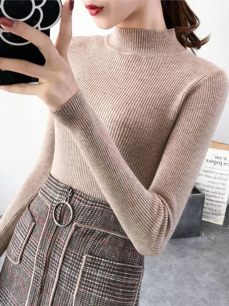 Vintage Basic Mock Neck Pullover für Frauen – Herbst-Winter Stricktop, Casual Slim Fit, Koreanische Mode, Einfach und Elegant