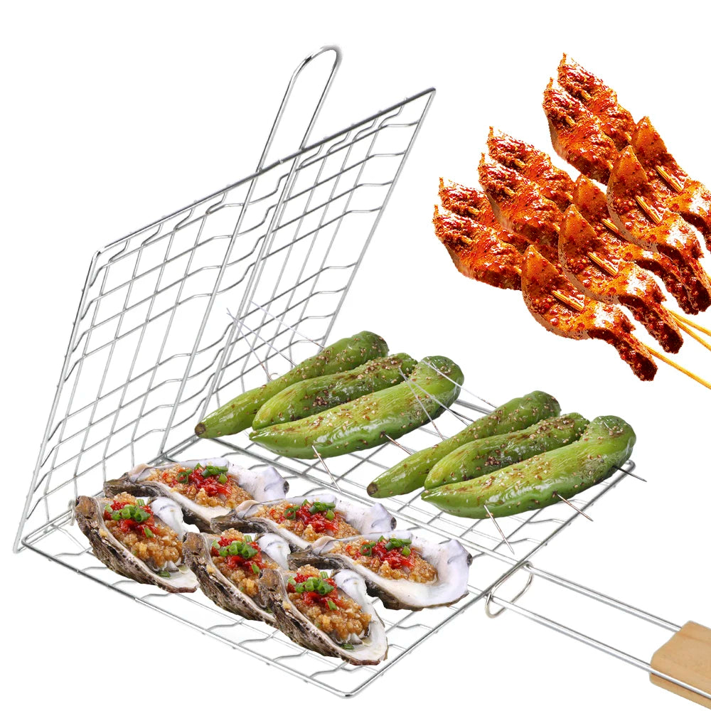 Grillkorb mit faltbarem Holzgriff aus Edelstahl für BBQ Grillmatte - Ideal für Fleisch und Fisch