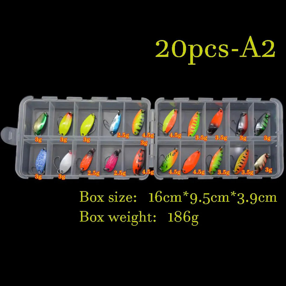 Box mit bunter Auswahl an 2,5 g, 3g, 3,4g, 4,5g Metalllöffelködern für Zander und Forellenangeln