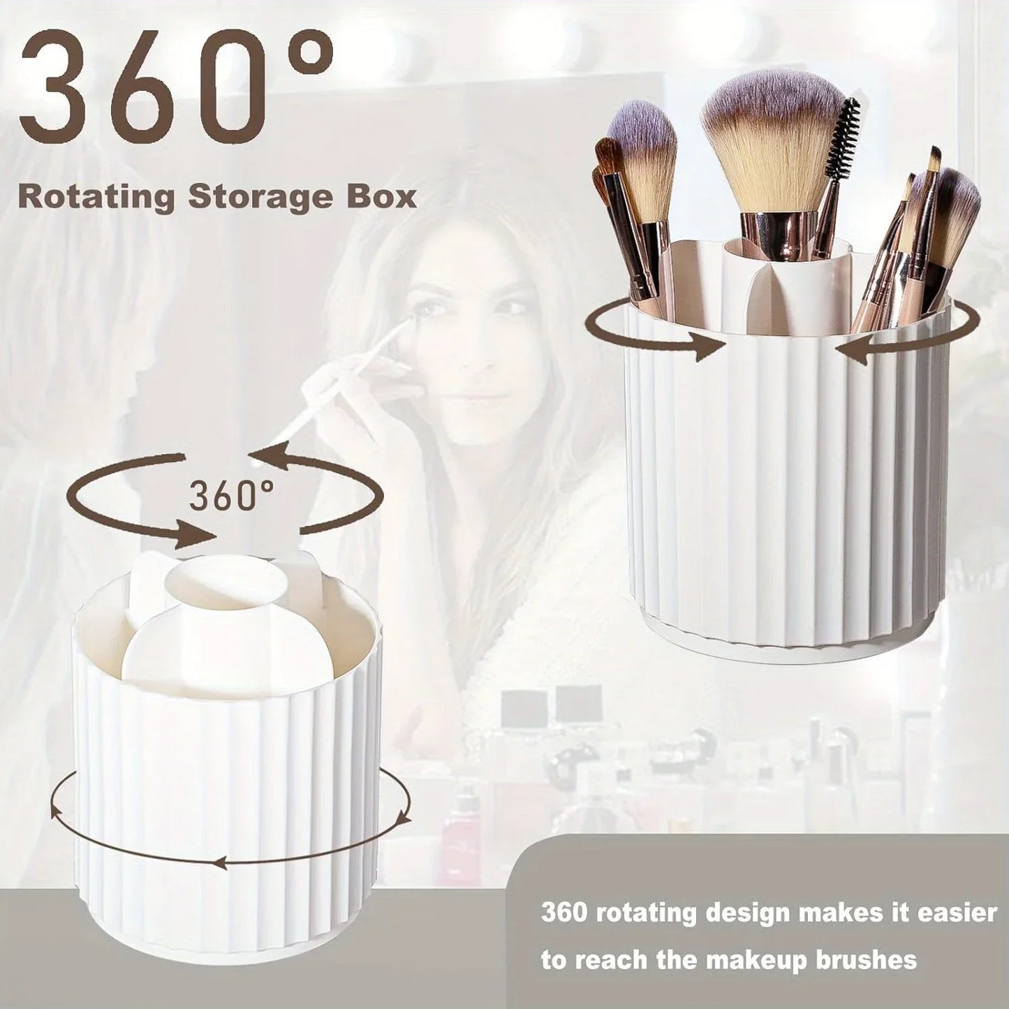 360° Rotierender Make-up Pinselhalter – Kosmetik-Organizer für den Schminktisch, Drehbarer Aufbewahrungsbecher, Weiß Gestreift