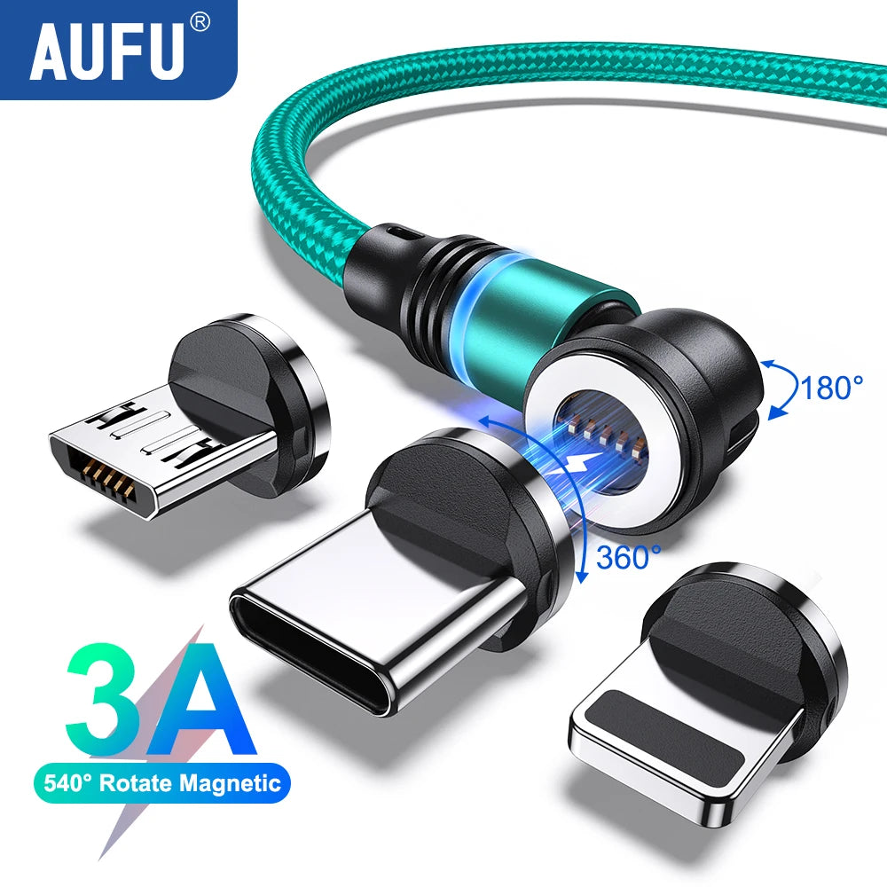 AUFU 540° Drehbarer Magnetisches Kabel – 3A Schnellladekabel, Typ-C und Micro-USB Datenkabel für iPhone 14, Xiaomi, Samsung, Ideal für einfaches und schnelles Aufladen