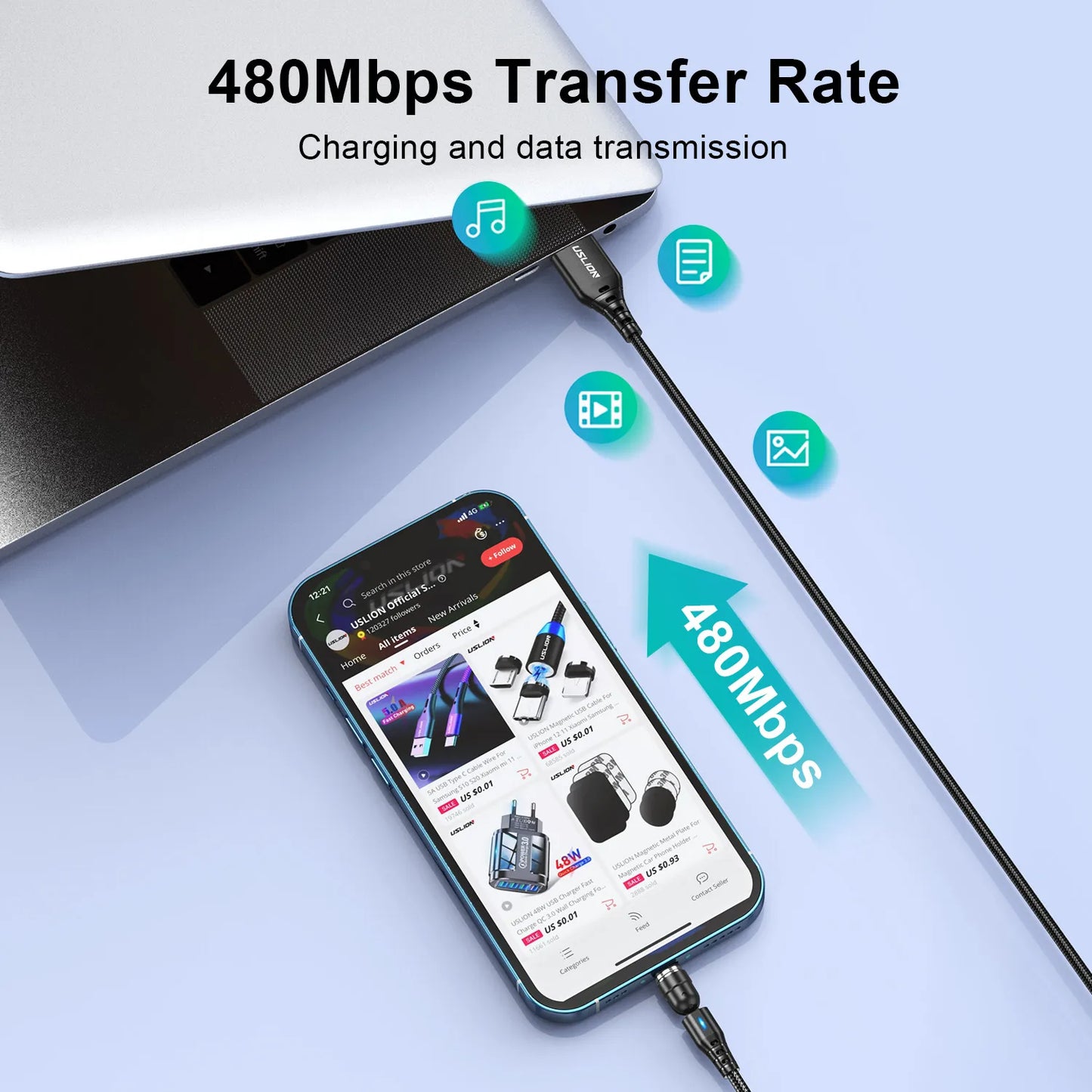 USLION 540° Drehbarer 5A Magnet-Kabel – Schnelllade- und Datenkabel für iPhone 15/14 Pro Max, Xiaomi 13, POCO, Redmi