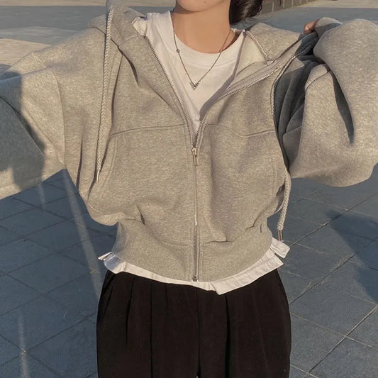 Koreanischer Style: Lässiger Y2K Reißverschluss-Hoodie für Frauen – Einfarbiges, loses Zip-up Sweatshirt