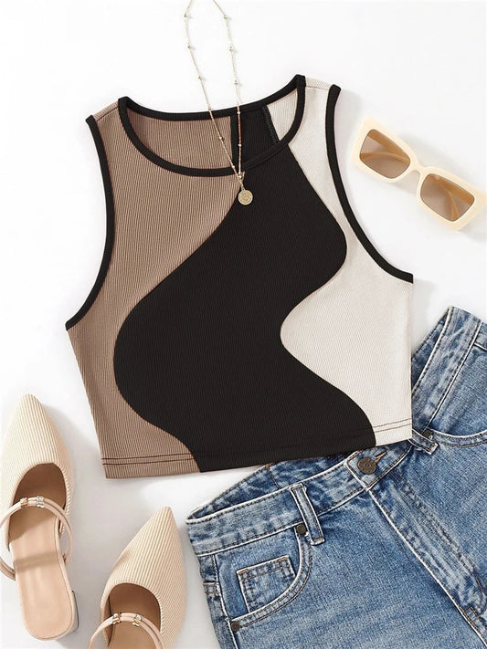 Damen Patchwork Tank Top – Rib-Strick O-Neck Crop Top im Farbblockdesign, Y2K High Street Style