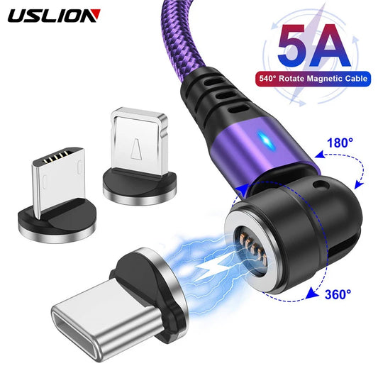USLION 540° Rotierendes Magnet-Ladekabel – 5A Schnellladung für iPhone, Xiaomi, Micro USB und Type C Geräte