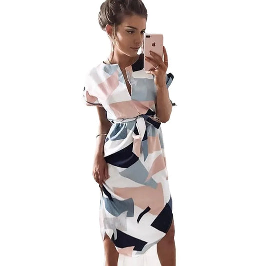 Elegante Damen Tunika – Sommerkleid mit V-Ausschnitt, Kurzen Ärmeln, Gürtel und Geometrischem Druck, Unregelmäßiger Schnitt, Europäisch und Amerikanisch