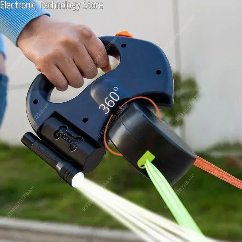 Doppelte Hundeleine mit Licht – Retractable, drehbare Leine für 2 Hunde, tragbar und ideal für sichere Spaziergänge mit LED-Licht