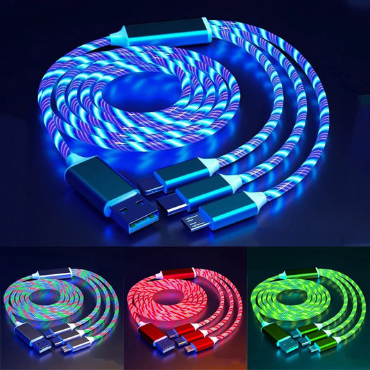 3-in-1 LED Magnet-Ladekabel – Fließendes Lichtdesign, Schnellladung für USB-C, Micro-USB und iPhone