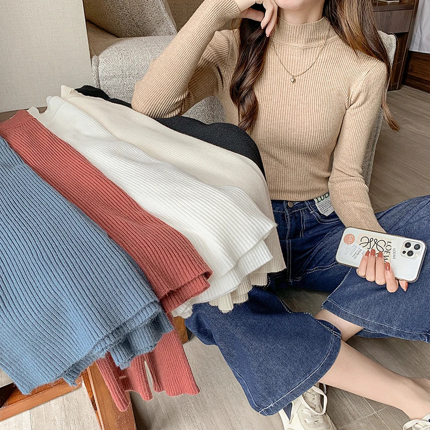 Vintage Basic Mock Neck Pullover für Frauen – Herbst-Winter Stricktop, Casual Slim Fit, Koreanische Mode, Einfach und Elegant