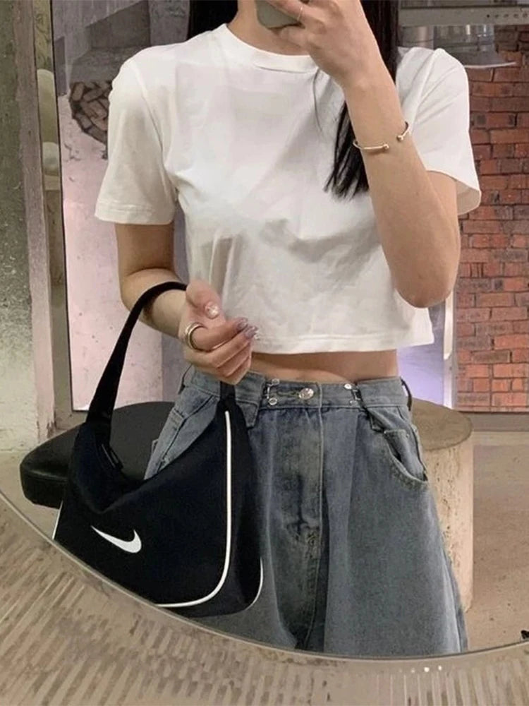 Stylisches Frauen T-Shirt – Cropped Design, Einfarbig und Sexy, Slim Fit für Lässige Outfits, Beliebte Mode im Preppy-Stil und Koreanischer Streetwear