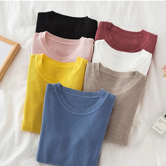 Damen Pullover für den Herbst mit langen Ärmeln - Modisches Basic-Top mit Rundhalsausschnitt und elastischem Strickmuster für den Winter