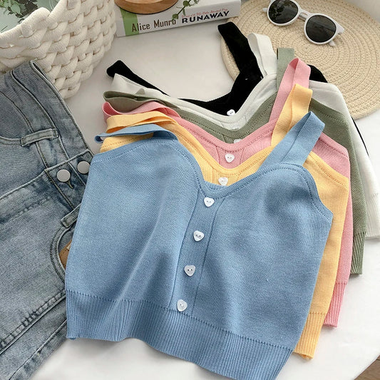 Niedliche Gestrickte Weiche Strand Outwear Tanktops für Frauen - Crop Tops mit Knöpfen für den Sommer