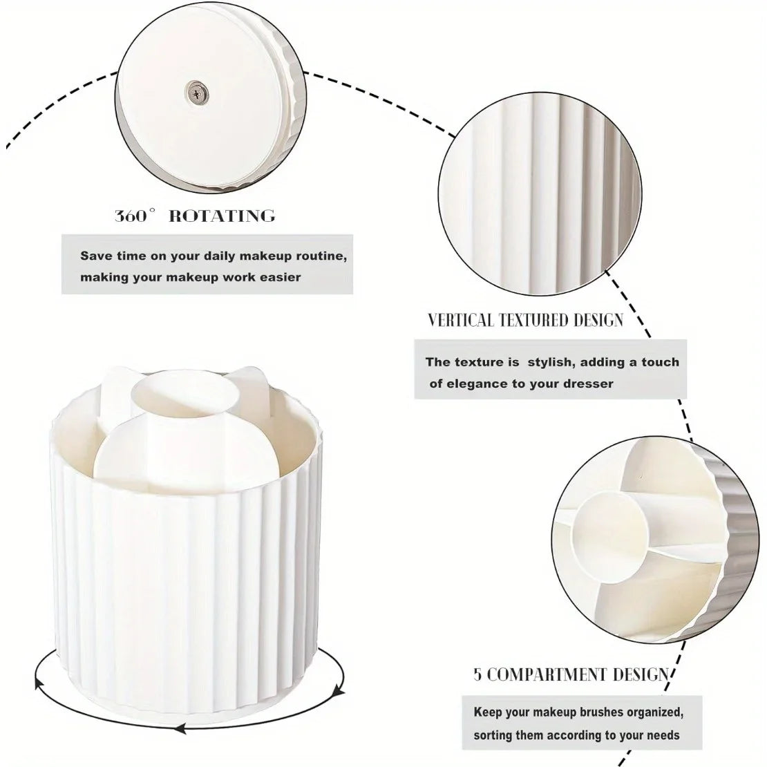 360° Rotierender Make-up Pinselhalter – Kosmetik-Organizer für den Schminktisch, Drehbarer Aufbewahrungsbecher, Weiß Gestreift