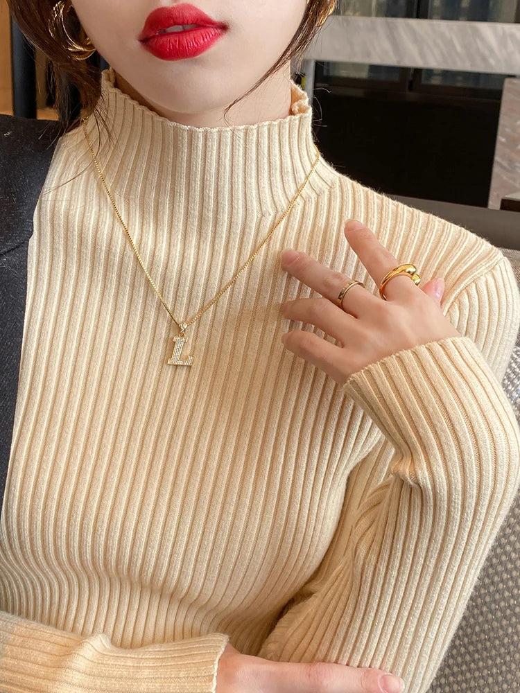 Klassisches Damen-Strickoberteil – Einfarbiger Rollkragenpullover mit langen Ärmeln, Slim-Fit, Schlichte Eleganz im Koreanischen Stil