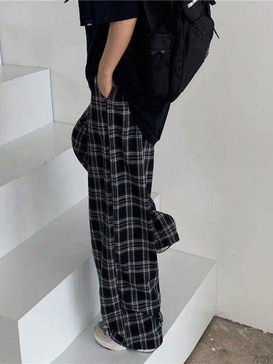 Oversize Schwarze Damen-Hose im Karo-Muster – Lässige Weitbein-Trousers für Streetwear und Harajuku-Stil, Retro-Chic, Größen S bis 3XL