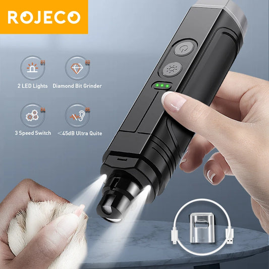 ROJECO P3 Elektrischer Haustier-Nagel Grinder: Professionelle Hundekrallen-Schneider mit 2 LED-Leuchten – Wiederaufladbare Nagelpflege-Zubehör für Katzen und Hunde