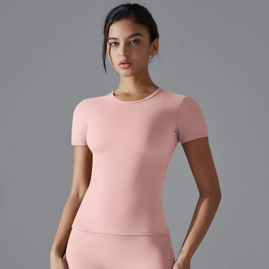 Damen Fitness T-Shirt für den Sommer – Kurzärmeliges, Rundhals Shirt aus atmungsaktivem, elastischem Material, Ideal für Gym und Yoga – Schlankes, aktives Top