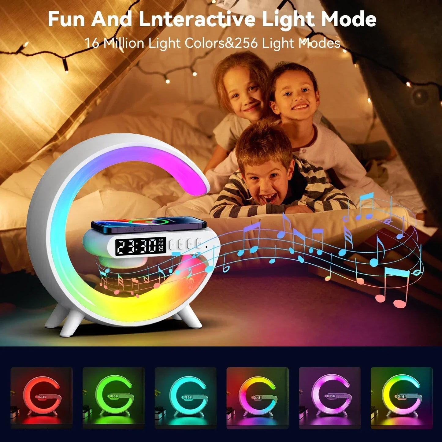 3-in-1 Kabellose Schnellladestation mit RGB-Licht, Bluetooth-Lautsprecher und Alarmfunktion – Perfekt für iPhone, Samsung, Xiaomi und Mehr
