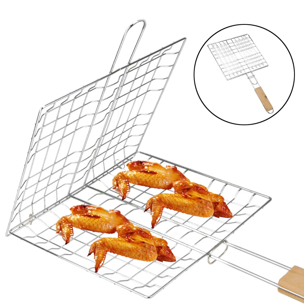 Grillkorb mit faltbarem Holzgriff aus Edelstahl für BBQ Grillmatte - Ideal für Fleisch und Fisch