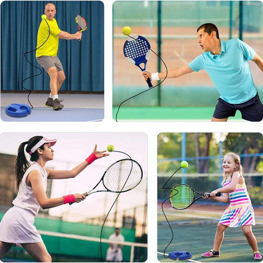 Professioneller Tennis-Trainer mit schwerer Basis und elastischem Seil für intensives Rebound-Training allein oder mit Trainingspartner, Selbstständiger Tennistrainer für zu Hause
