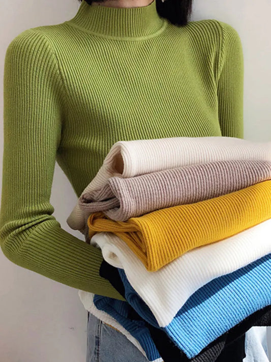Vintage Basic Mock Neck Pullover für Frauen – Herbst-Winter Stricktop, Casual Slim Fit, Koreanische Mode, Einfach und Elegant