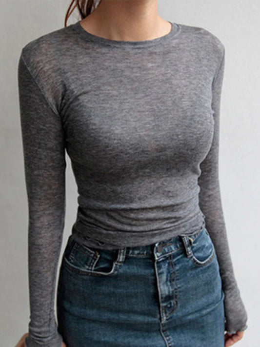 Hochwertiges Damen Shirt – Baumwolle, elastisch, schlichtes Design. Casual Longsleeve für einen sexy, durchsichtigen Look. Ideal als Basic-Bekleidung