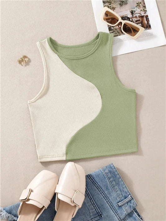 Y2K Damen Color Block Rib Strick Tank Top – Lässiges ärmelloses Patchwork Crop Top im Grunge-Stil mit O-Ausschnitt, Streetwear für den Sommer