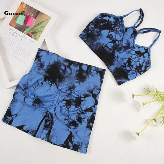 Tie-Dye Yoga Set für Damen – Nahtloses Sport-Outfit mit Radlerhose und Sport-BH, ideal für Yoga, Radfahren und Fitnessstudio – Elastisches, stilvolles Trainingsoutfit in trendigem Farbverlauf-Design