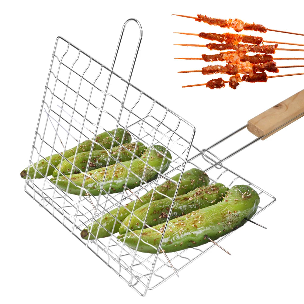 Grillkorb mit faltbarem Holzgriff aus Edelstahl für BBQ Grillmatte - Ideal für Fleisch und Fisch