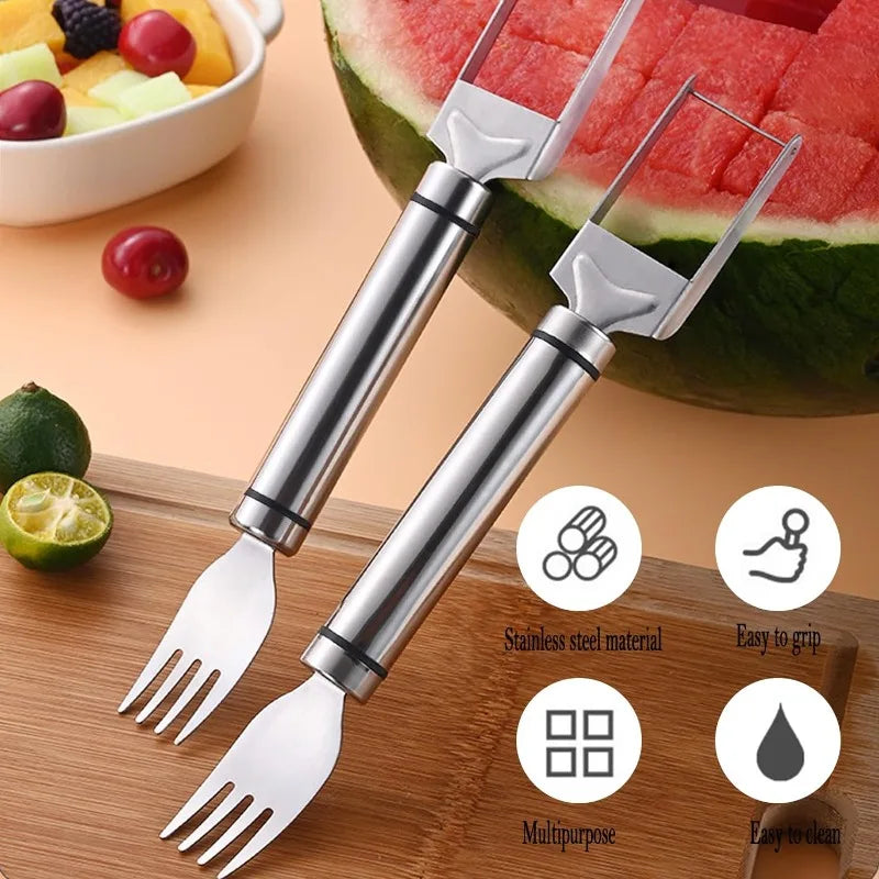 2-in-1 Wassermelonen-Gabel- und Schneider – Edelstahl-Windmühlen-Wassermelonen-Schneider für Salate und Früchte, vielseitiges Schneidwerkzeug