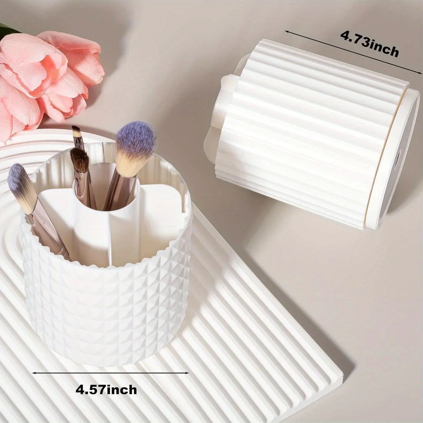 360° Rotierender Make-up Pinselhalter – Kosmetik-Organizer für den Schminktisch, Drehbarer Aufbewahrungsbecher, Weiß Gestreift