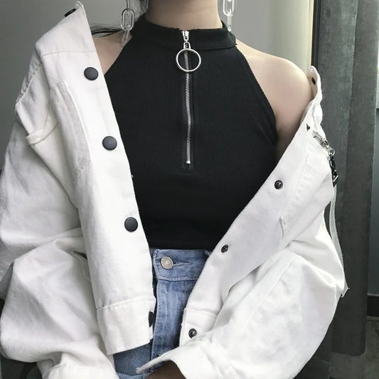 Damen Crop Top mit Reißverschluss – Retro Strick-Leibchen für den Sommer