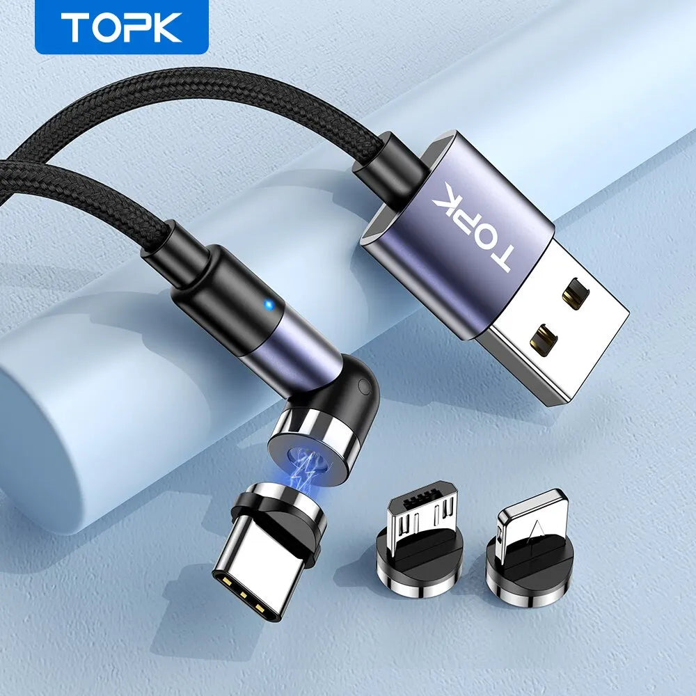 Magnetisches 3-in-1 Ladekabel von TOPK – 540° rotierendes Micro USB & Type-C Kabel mit 90° Winkel-Stecker für bequemes Laden